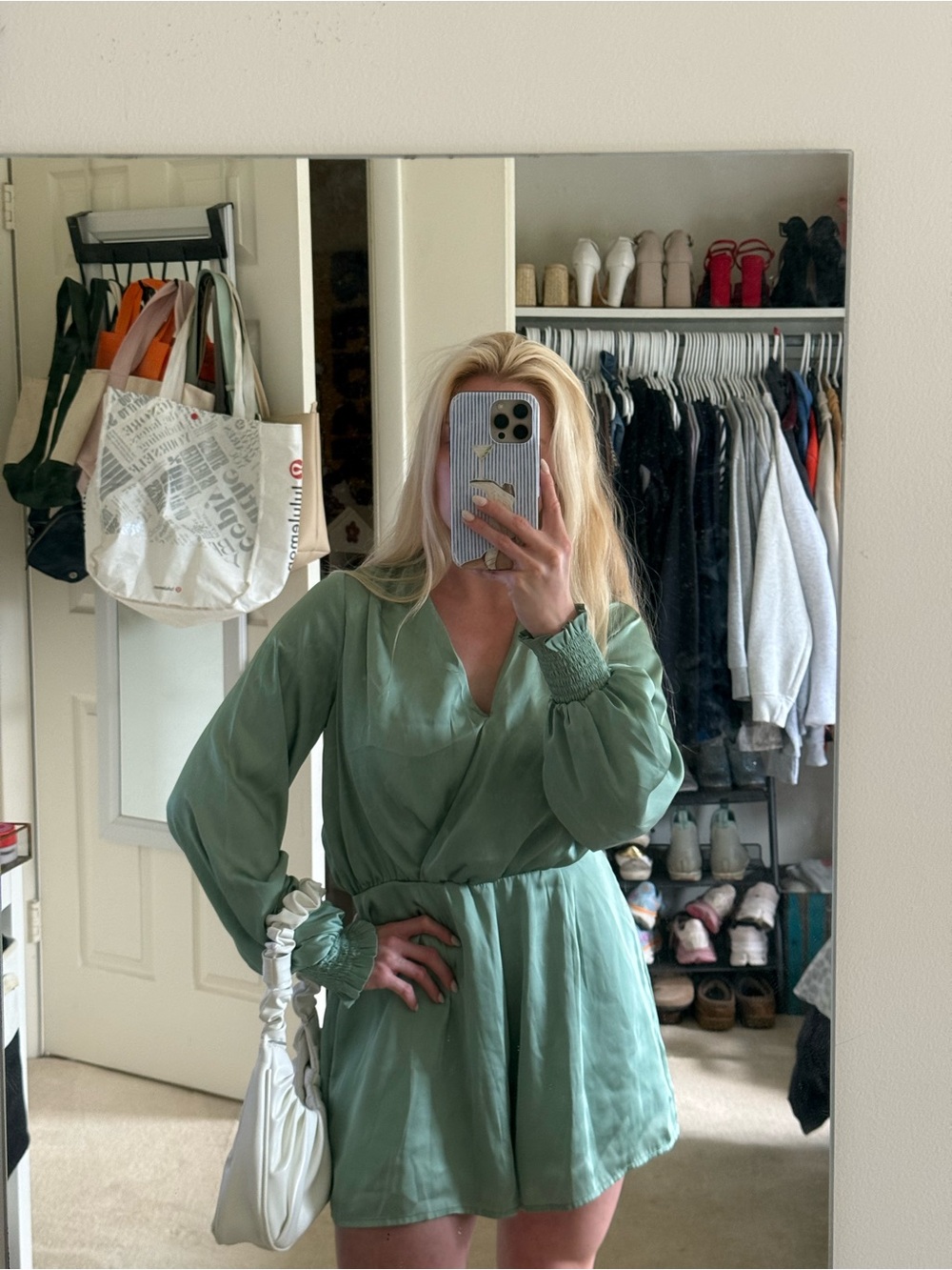 Francesca’s Sage Green Long-Sleeve Wrap Romper